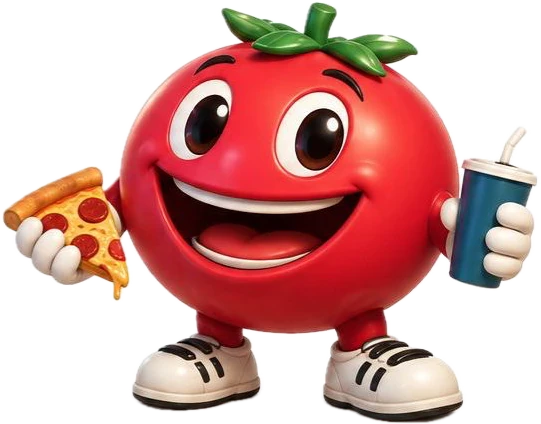 Mascota 3D de Vivela Pizza: un jitomate sonriente con una rebanada de pizza y un refresco