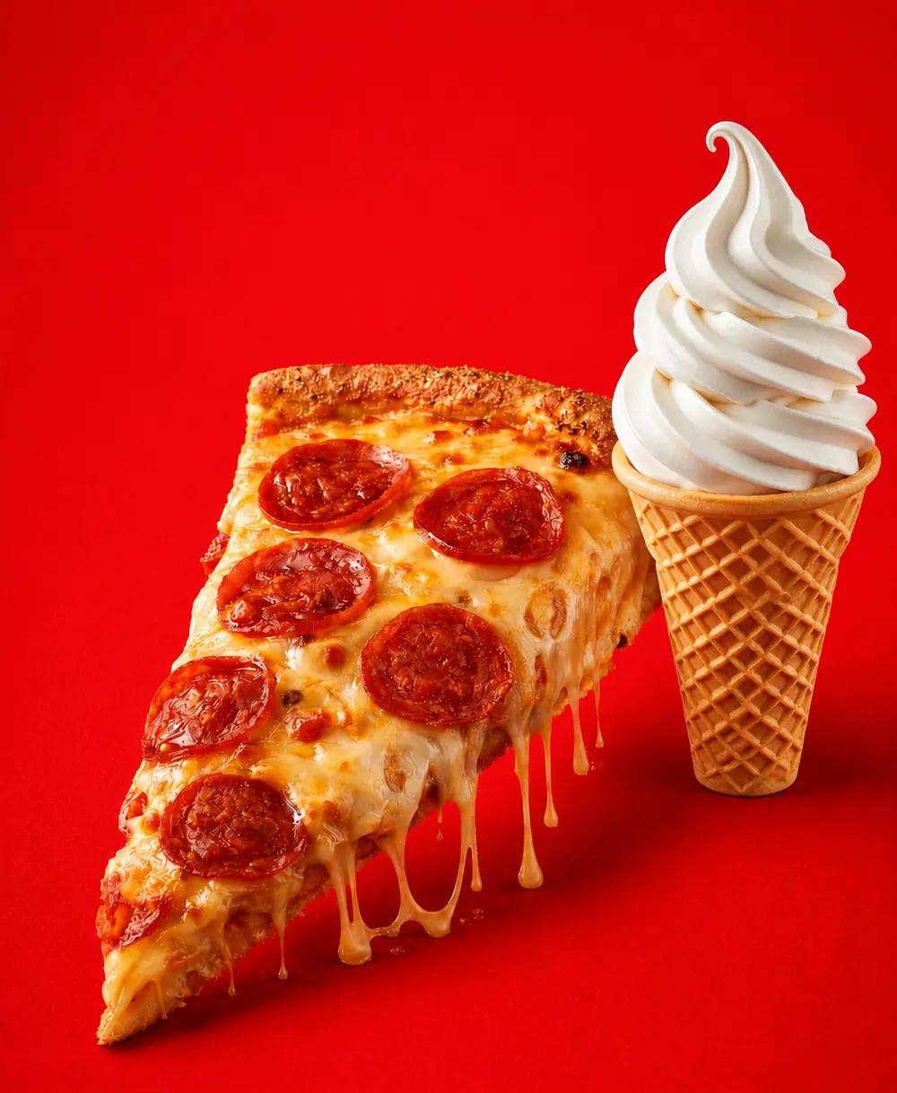 Rebanada de pepperoni junto a un cono de helado suave sobre fondo rojo