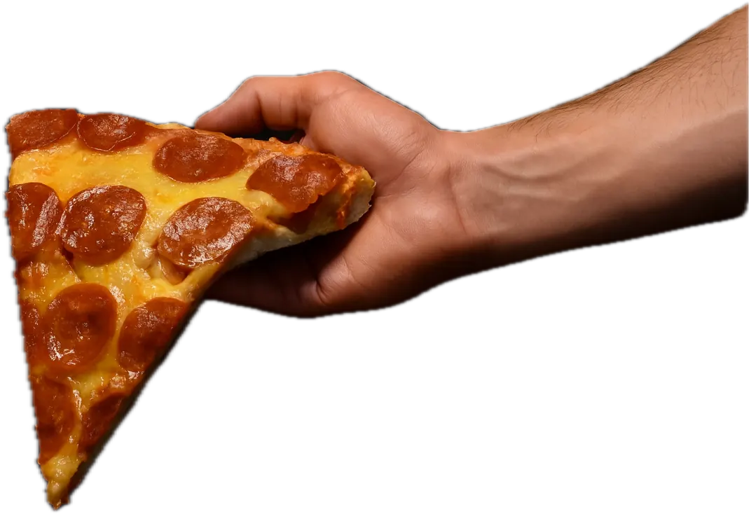 Una mano sosteniendo una rebanada de pizza de pepperoni